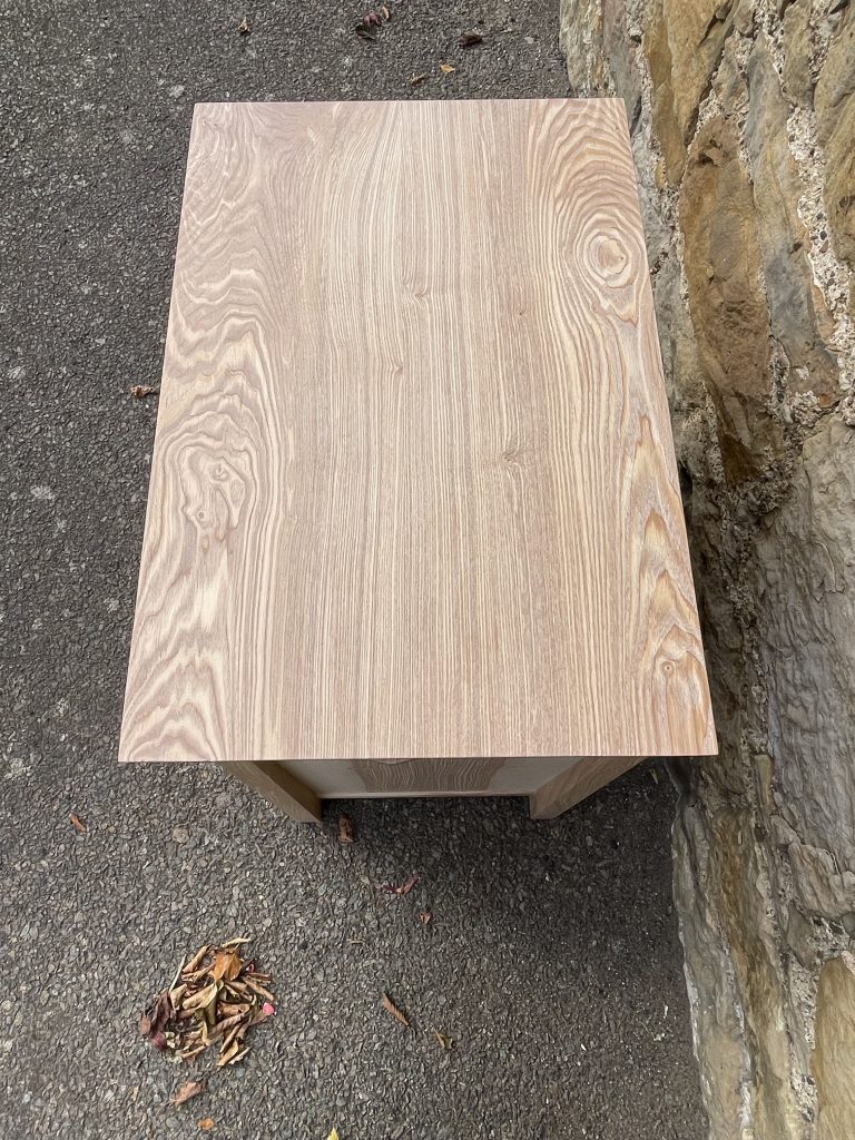 "Chaffinch" bedside cabinet made by Iain Stirling of Chapelhill Fine Furniture. View of top.