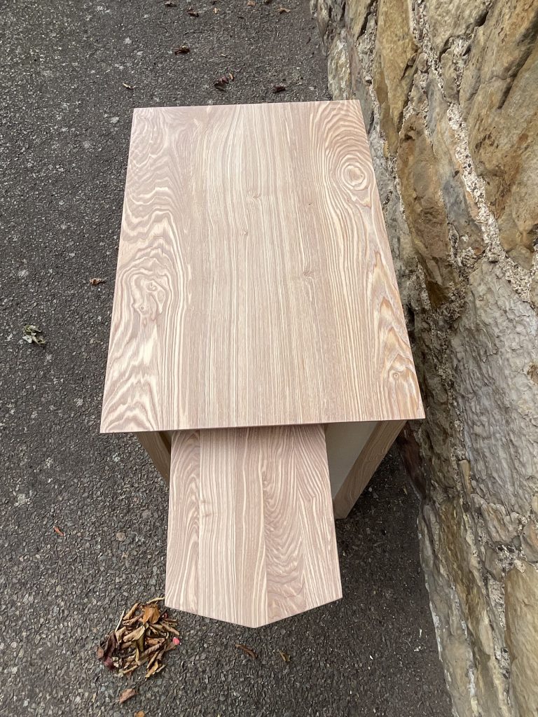 "Chaffinch" bedside cabinet made by Iain Stirling of Chapelhill Fine Furniture. View of extended tray.