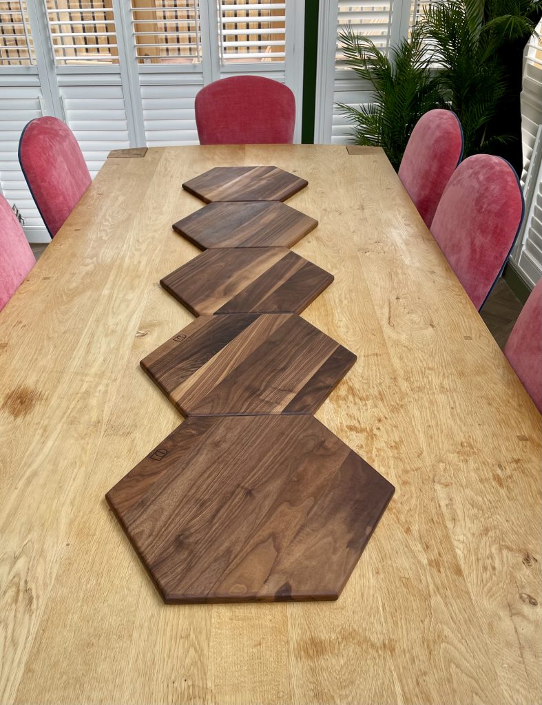 Walnut hexagonal grazing platters.