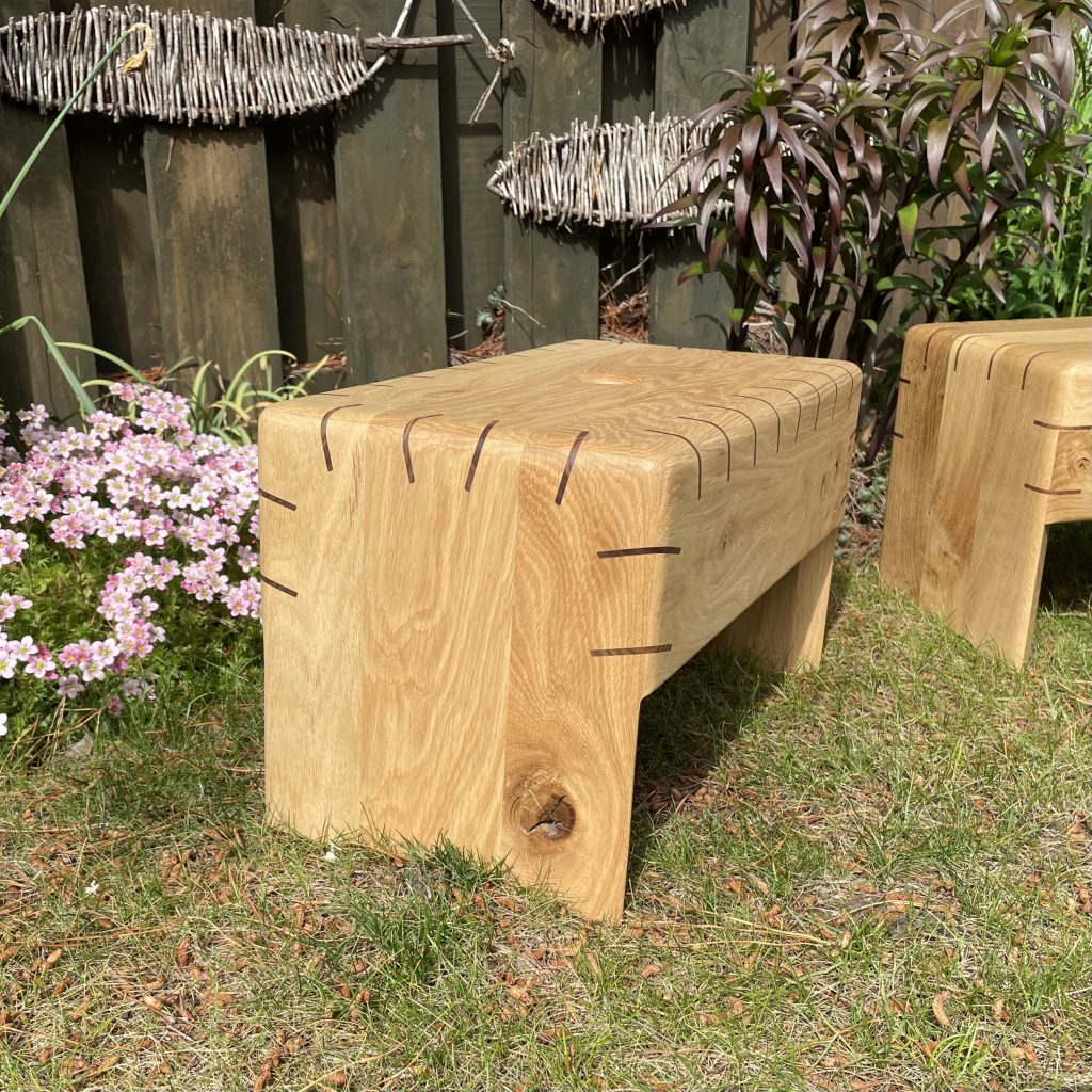 Frankenspline Scottish creepie stools in oak with walnut splines. Made by Iain Stirling of Chapelhill Fine Furniture.