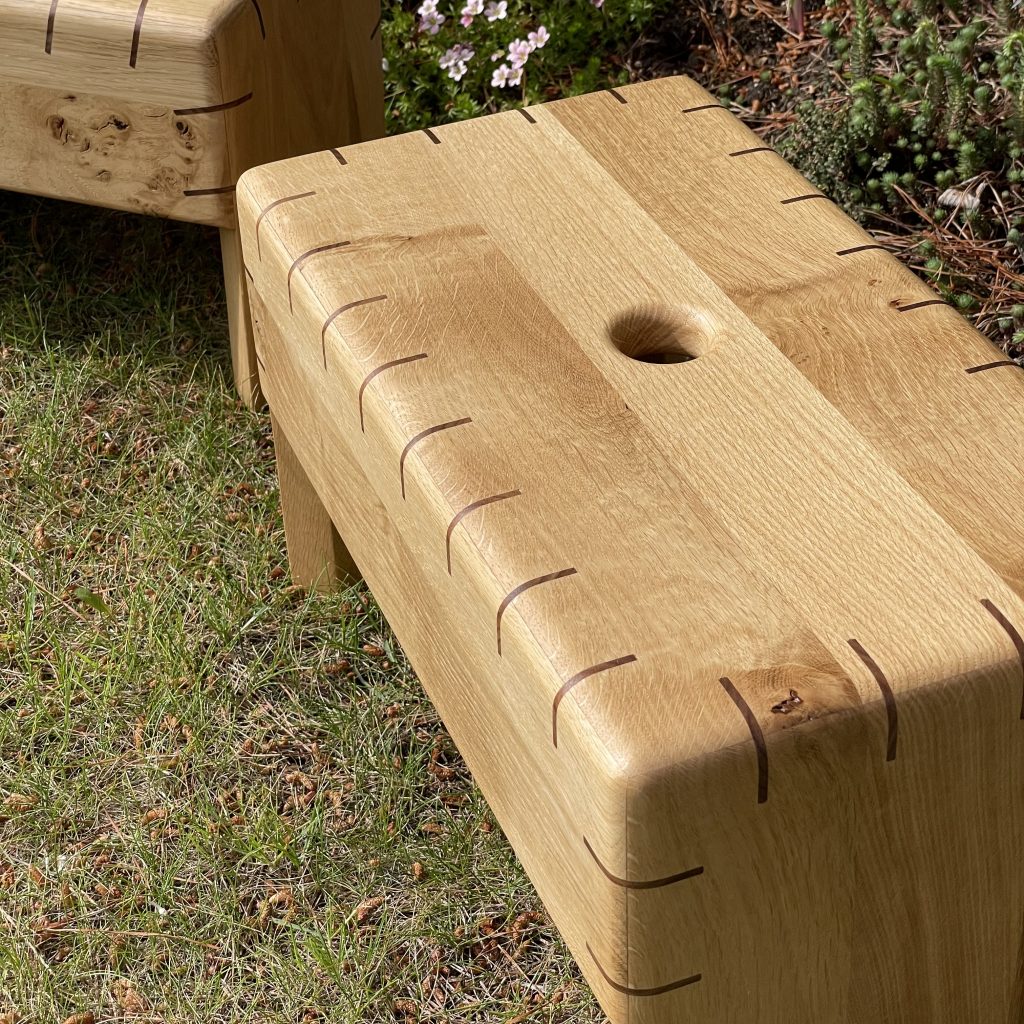 Frankenspline Scottish creepie stools in oak with walnut splines. Made by Iain Stirling of Chapelhill Fine Furniture.
