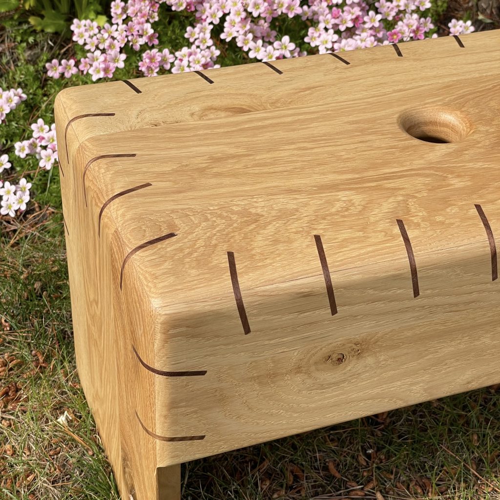 Frankenspline Scottish creepie stools in oak with walnut splines. Made by Iain Stirling of Chapelhill Fine Furniture.