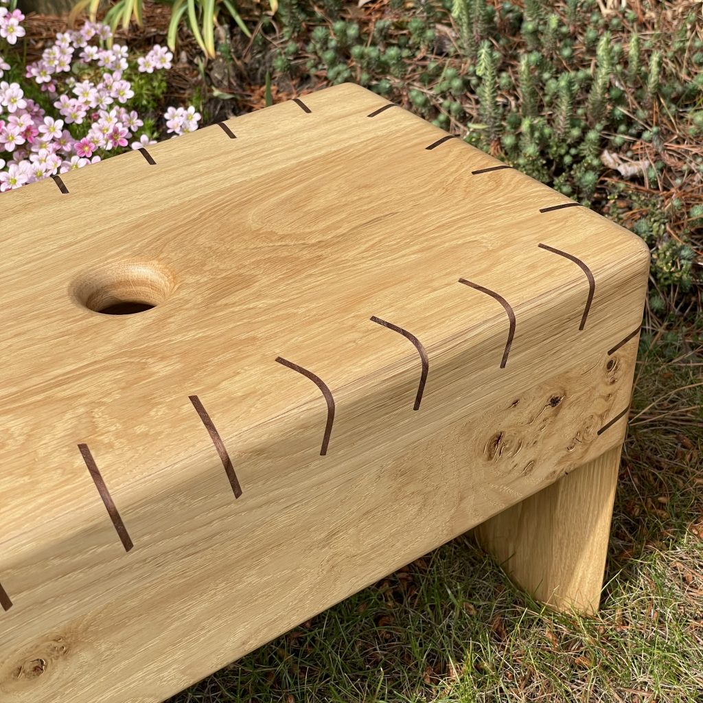 Frankenspline Scottish creepie stools in oak with walnut splines. Made by Iain Stirling of Chapelhill Fine Furniture.