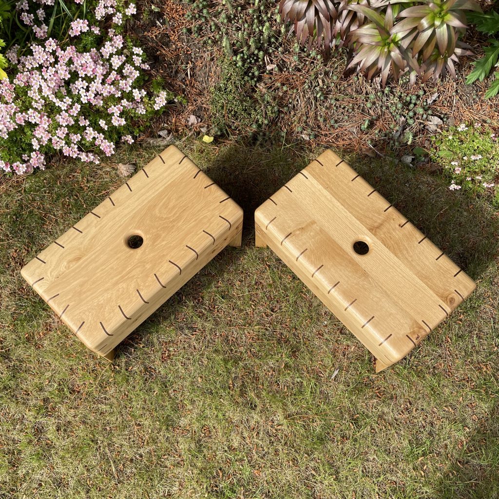 Frankenspline Scottish creepie stools in oak with walnut splines. Made by Iain Stirling of Chapelhill Fine Furniture.